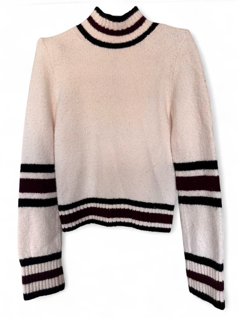 Madewell Cream Mock-Neck Sweater with Black and Burgundy Stripes